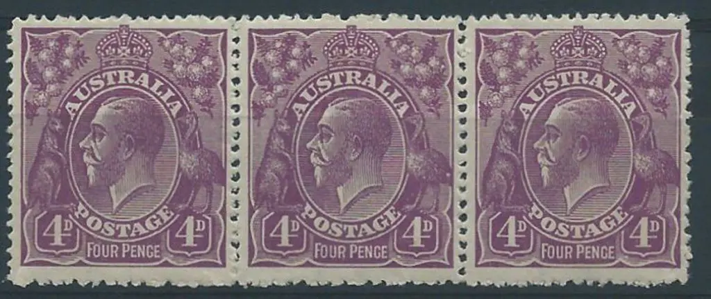 1918-23 Single wmk 4d violet strip of 3. MVLH on ... Image 1++