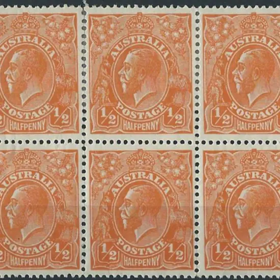 1926-30 SM wmk Perf 13½x12½ ½d orange block of 6 ...