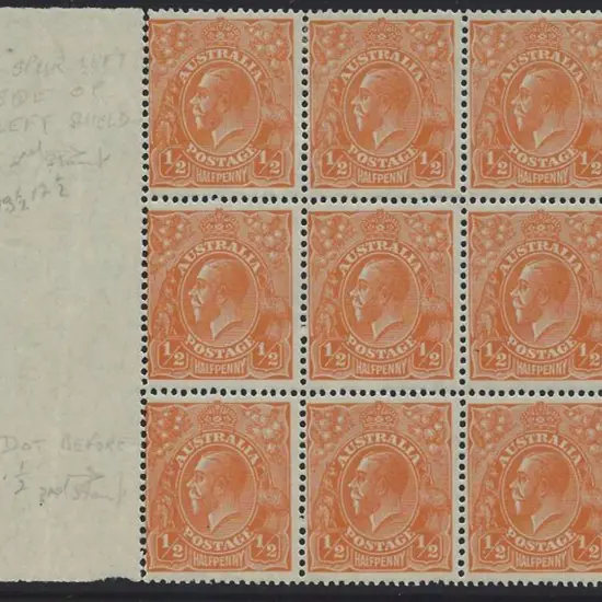 1926-30 SM wmk Perf 13½x12½ ½d orange positional ...