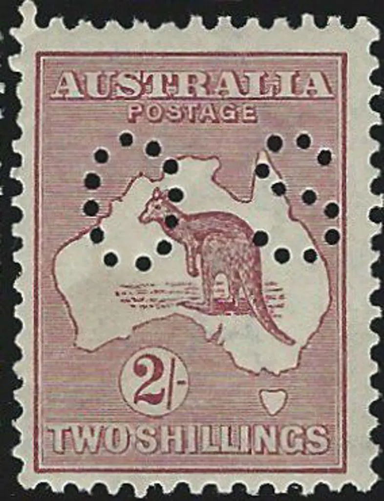 1915/28  2/- maroon perfined small "OS". MLH. ACSC ... Image 1++
