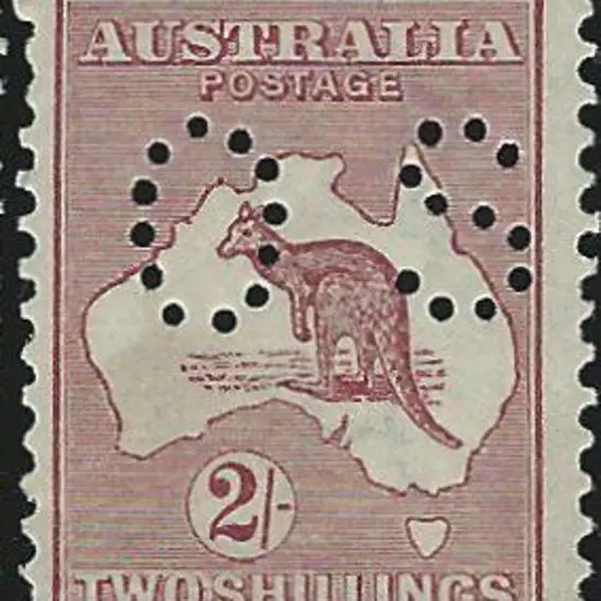 1915/28  2/- maroon perfined small "OS". MLH. ACSC ...