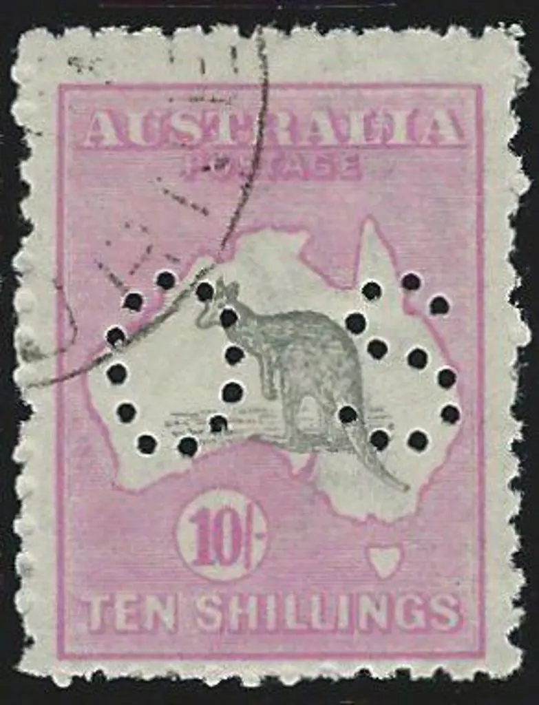 1915/28 10/- grey & pink, 3rd wmk, perfined "OS". ... Image 1++