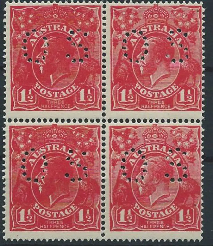1924/26 1½d deep red block of 4 perfined "OS" with ... Image 1++
