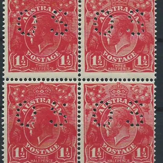 1924/26 1½d deep red block of 4 perfined "OS" with ...