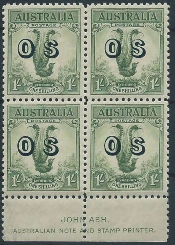 1932 1/- Lyrebird ovptd "OS" in Ash imprint block ... Image 1++
