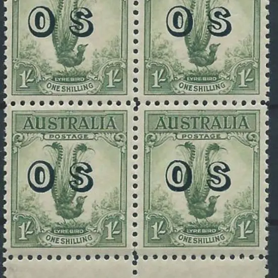 1932 1/- Lyrebird ovptd "OS" in Ash imprint block ...