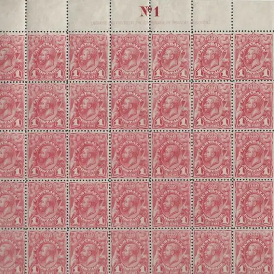 1913 1d KGV rose-red re-engraved Plate 1 complete ...