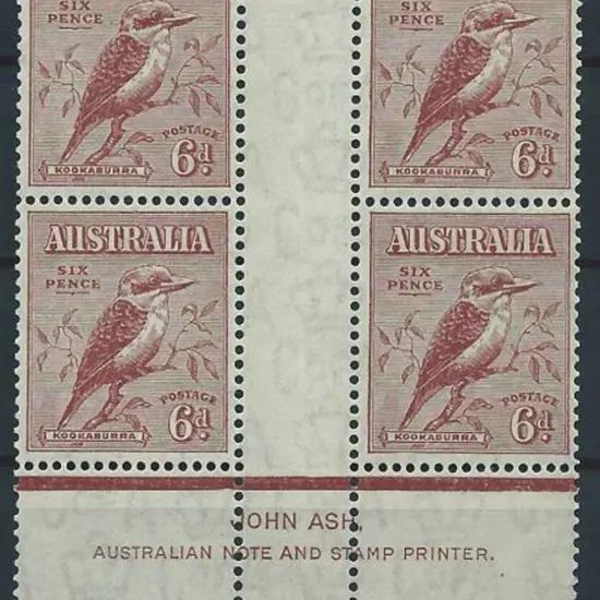 1932 6d kookaburra MUH/MLH Ash imprint block of 4 ...