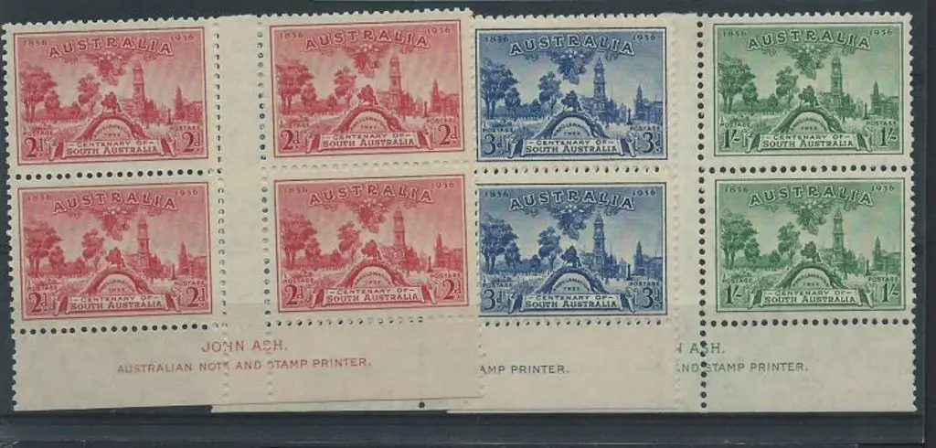 1936 SA Cent. set of 3 in MUH/MLH imprint blocks ... Image 1++