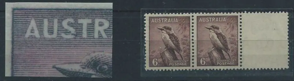 1937/60 6d Kookaburra. Flaw on "S" of "AUSTRALIA" ... Image 1++