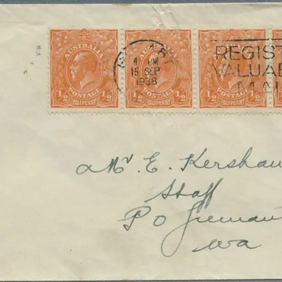 1938 (15th Sept) cover with ½d orange KGV strip of ...
