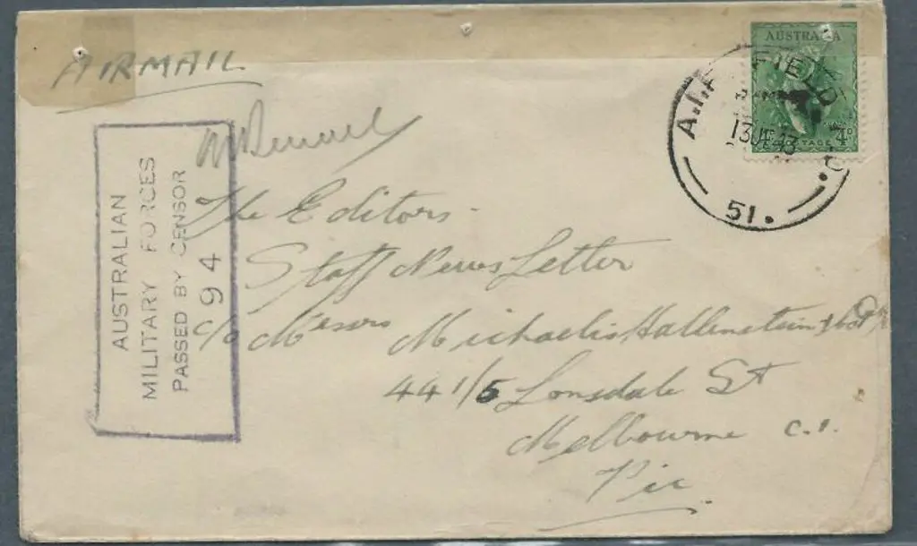 1943 hand illustrated airmail cover to Melbourne ... Image 1++