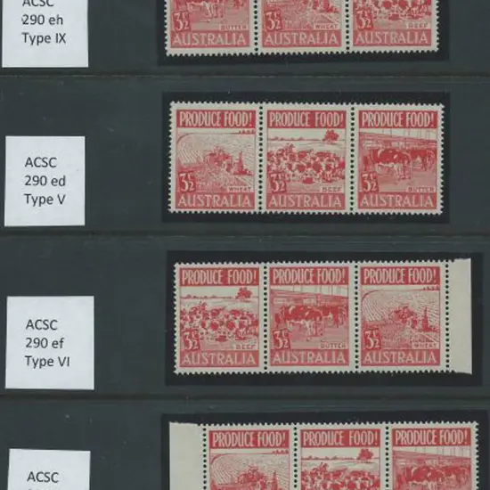 1953 3½d Produce Food strips x 4 each with listed ...