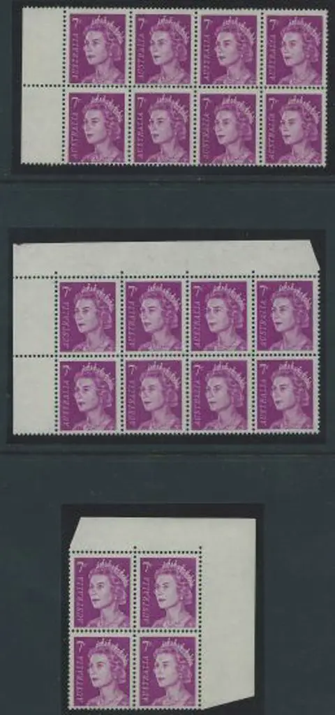 1966 7c purple QEII in 3 positional blocks with ... Image 1++