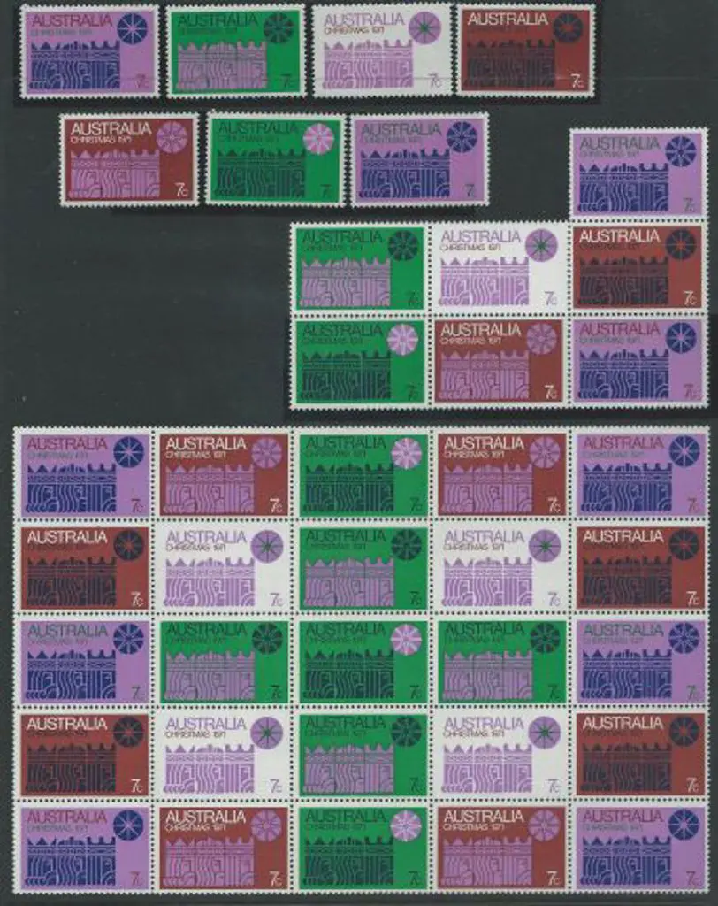 1971 Christmas singles, block of 7 & pane of 25 ... Image 1++