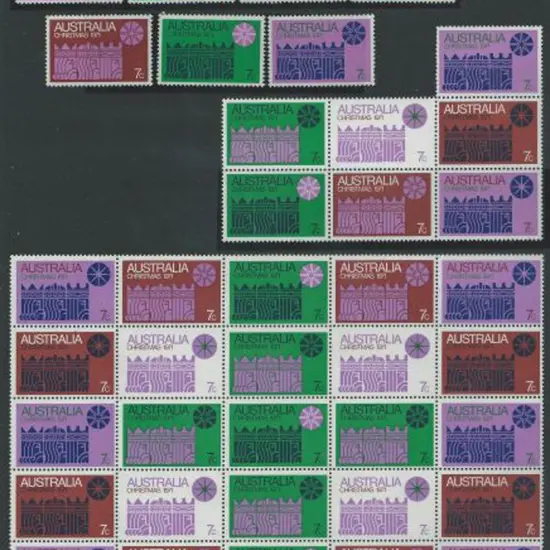 1971 Christmas singles, block of 7 & pane of 25 ...