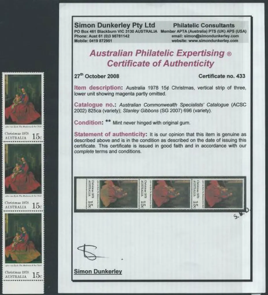 1978 15c Christmas vert strip of 3 showing magenta ... Image 1++