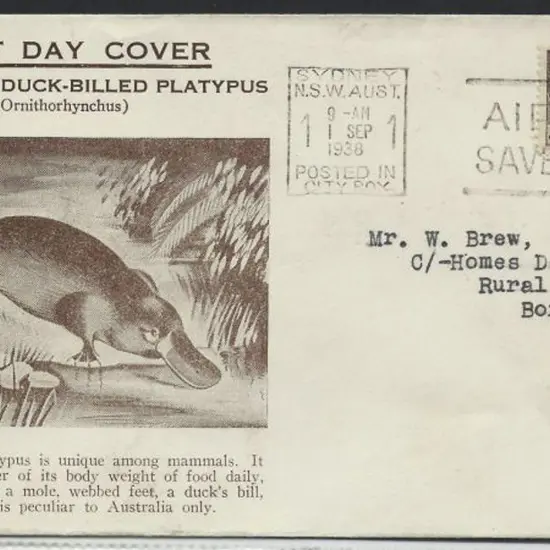1938 (1st Sept) 9d platypus on scarce Haslem ...