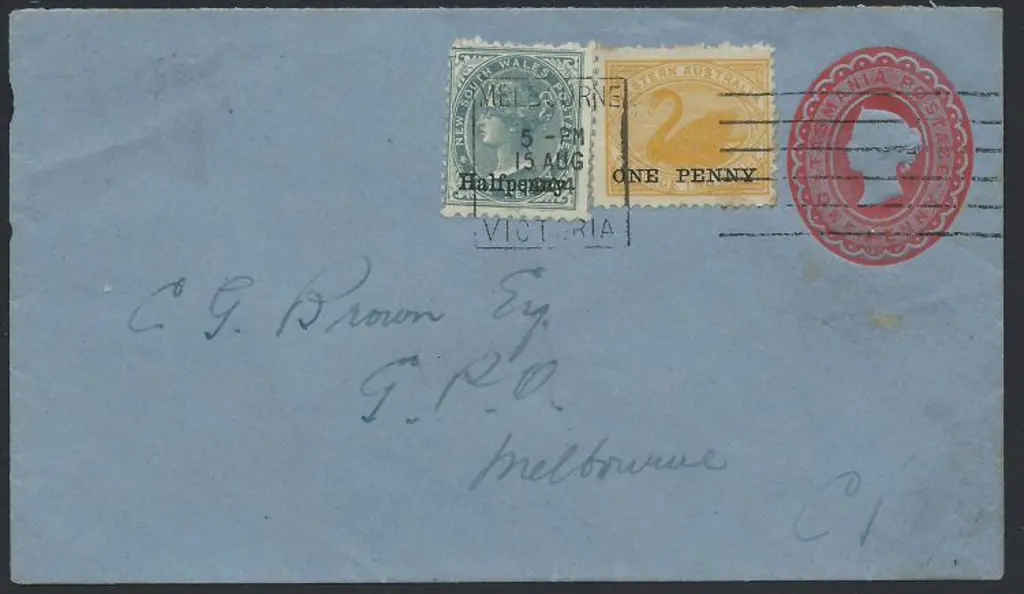 1891 1d scarlet on blue embossed PSE, uprated with ... Image 1++