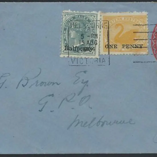 1891 1d scarlet on blue embossed PSE, uprated with ...