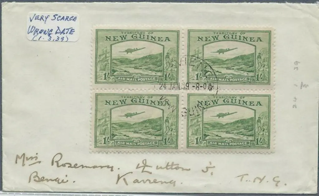 1939 1/- Bulolo block of 4 on cover with local ... Image 1++