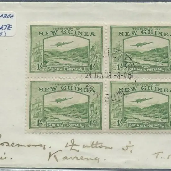 1939 1/- Bulolo block of 4 on cover with local ...