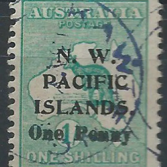 1918 on 1/- green kangaroo with "One Penny" ovpt. ...
