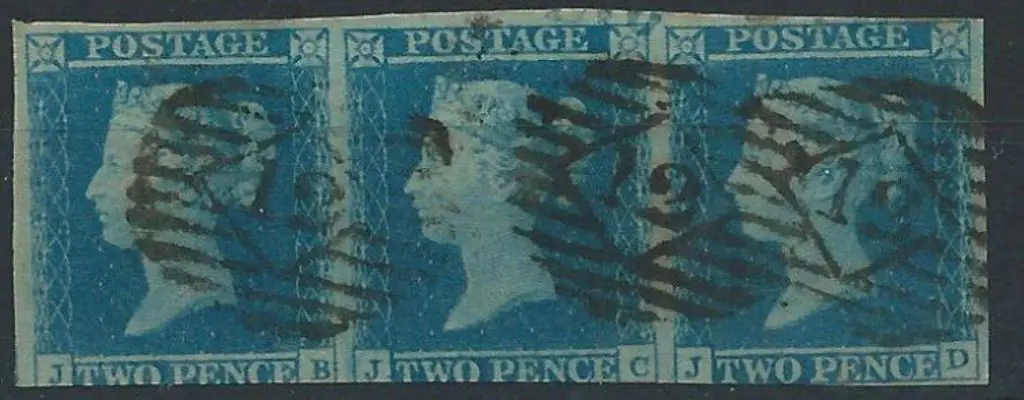 1841 2d blue imperf horizontal strip of 3 lettered ... Image 1++