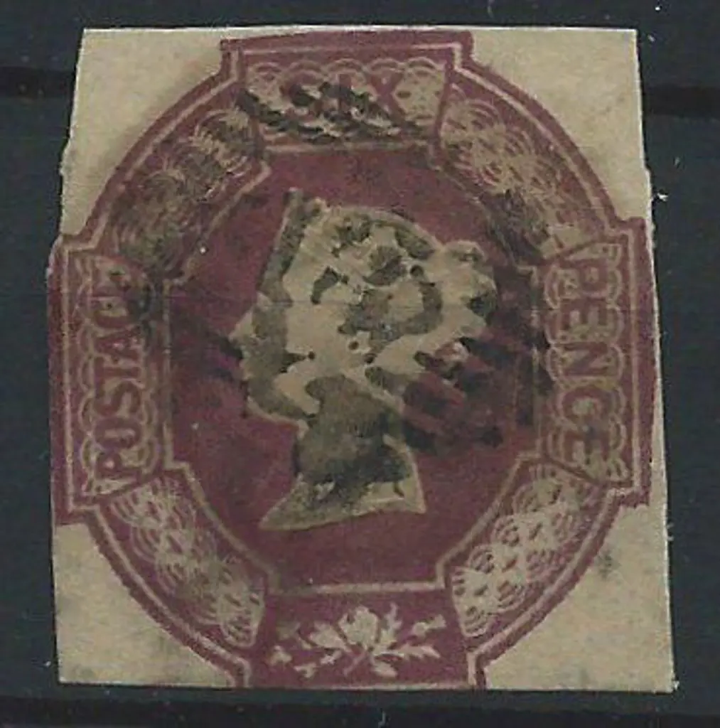 1854 6d purple embossed cut square with clear ... Image 1++
