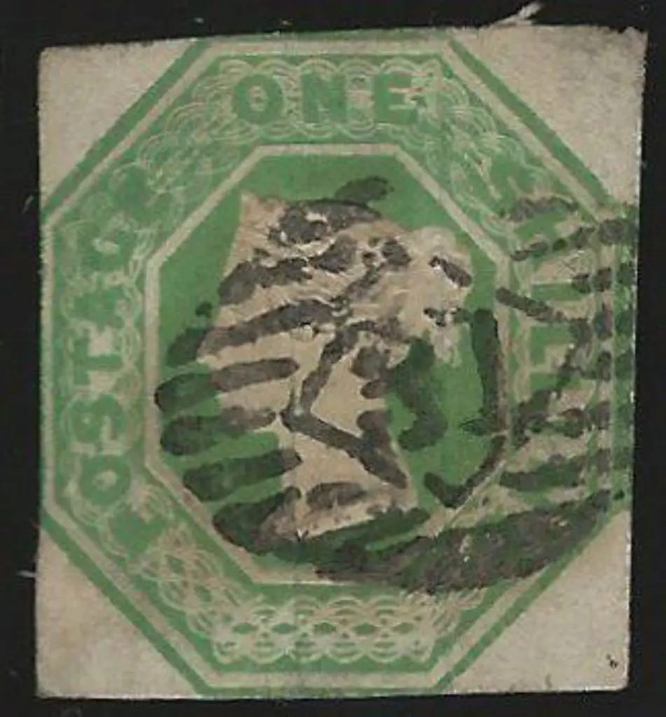 1847 1/- green embossed cut square with margins ... Image 1++