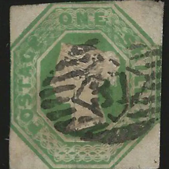 1847 1/- green embossed cut square with margins ...