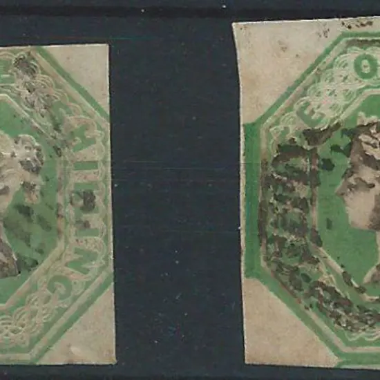 1847/54 1/- pale green & green shades embossed ...