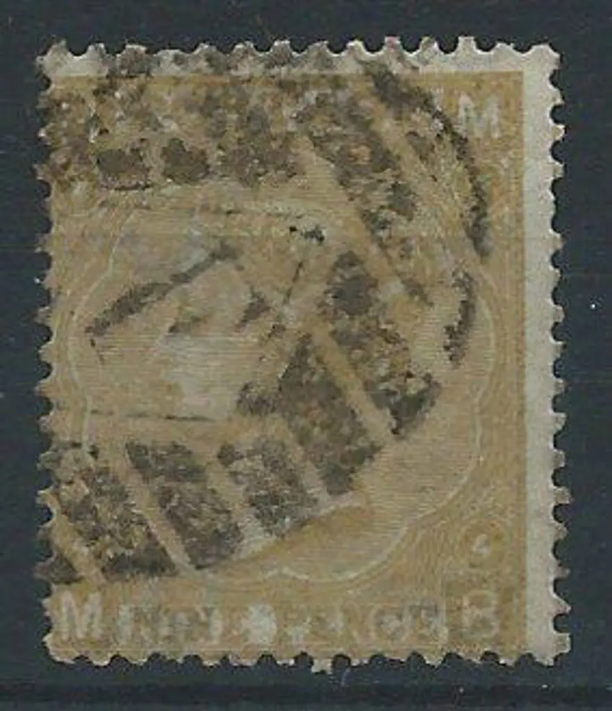 1865 9d straw with crisp "F" barred obliterator. ... Image 1++