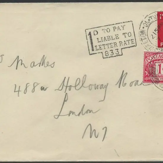 1937 1d KEVIII taxed local letter bearing 1d ...
