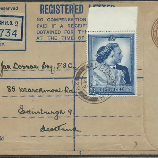 1948 £1 RSW on 5½d KGVI Registered letter. ...