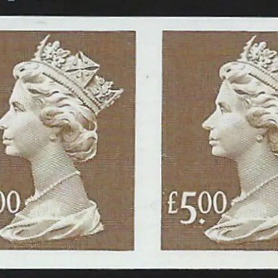 1999 £5 brown Machin imperforate horizontal pair. ...