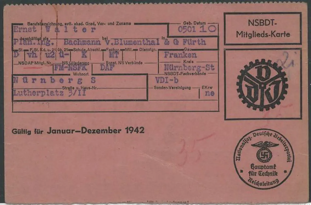 Germany 1942 NSBDT Membership Card with typed ... Image 1++