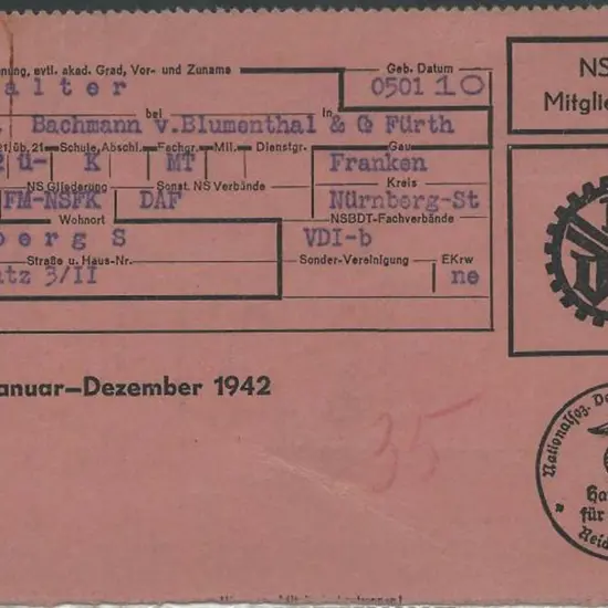 Germany 1942 NSBDT Membership Card with typed ...