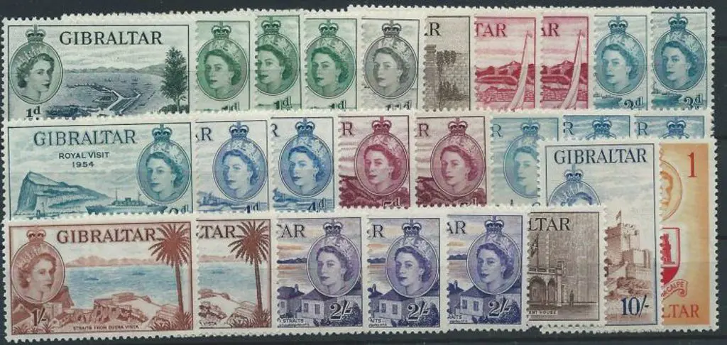 Gibraltar 1953/59 QEII defins to £1 plus shades to ... Image 1++