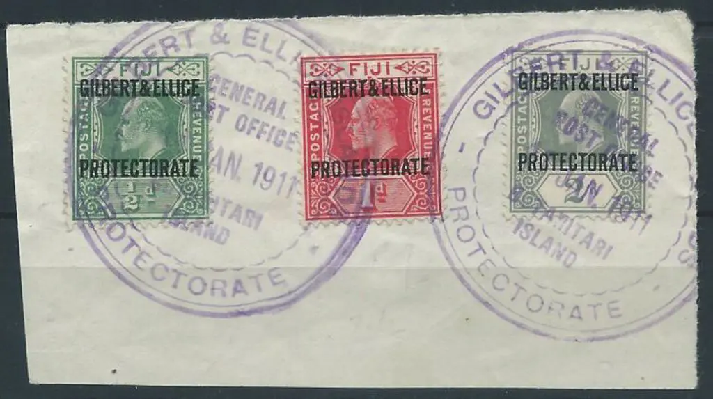 Gilbert & Ellice 1911 ½d, 1d & 2d ovpts on piece ... Image 1++