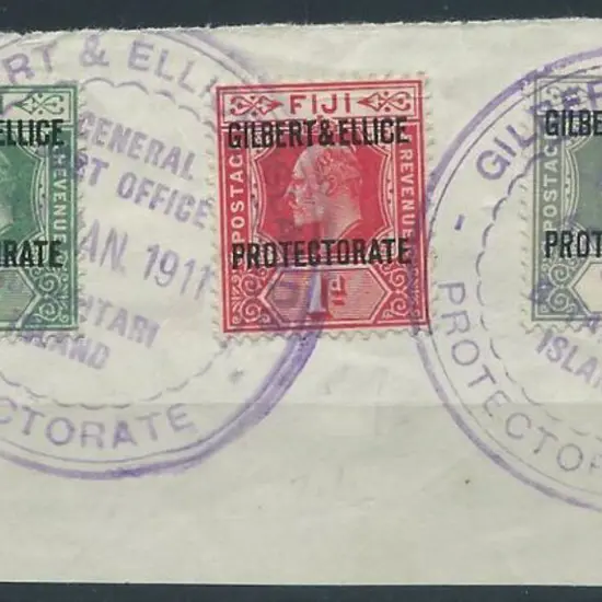 Gilbert & Ellice 1911 ½d, 1d & 2d ovpts on piece ...