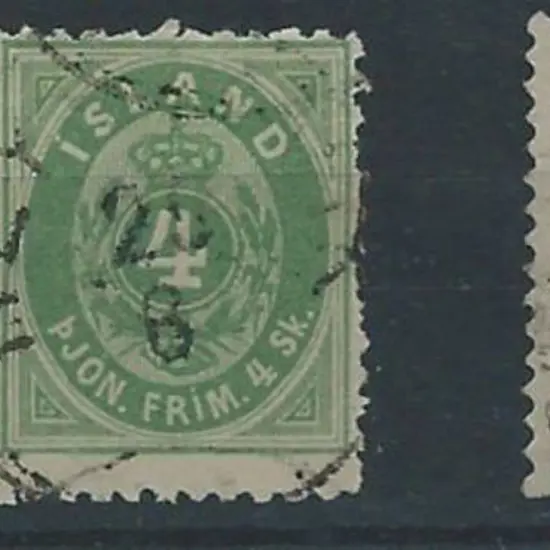 Iceland 1873 4 sk green Official with left margin ...
