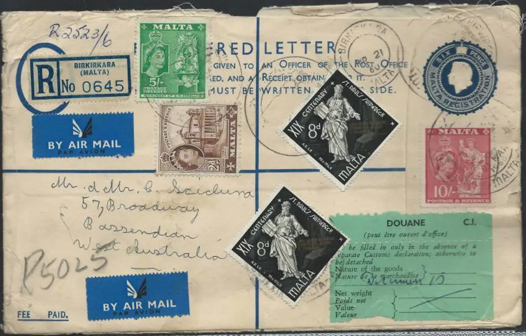 Malta 1960 use of 6d QEII registered envelope, ... Image 1++
