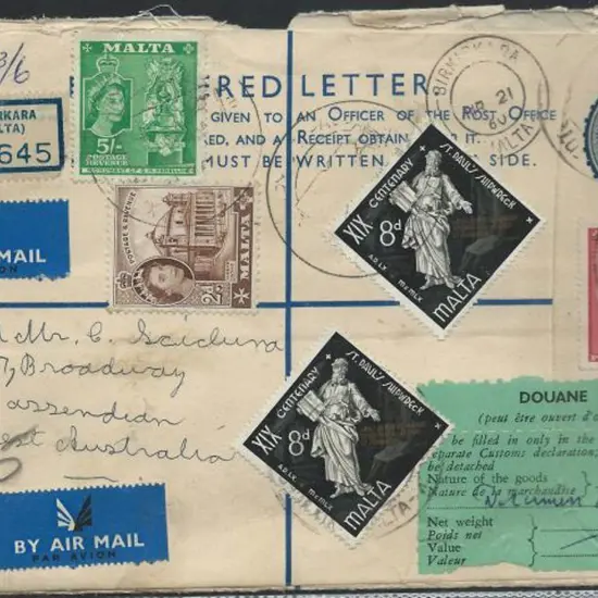 Malta 1960 use of 6d QEII registered envelope, ...