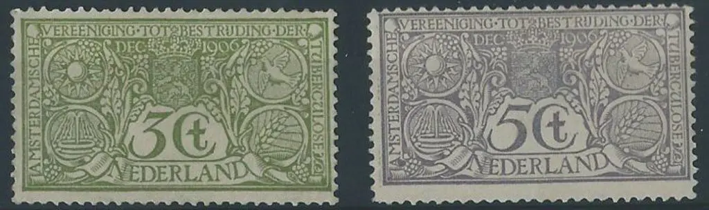 Netherlands 1906 3¢ & 5¢ Anti-TB. 5¢ is centred ... Image 1++