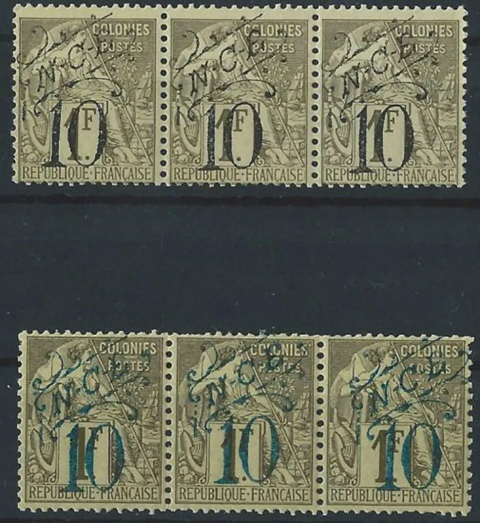 New Caledonia 1892/93 10 on 1f strip of 3 ovptd in ... Image 1++