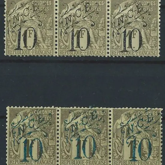 New Caledonia 1892/93 10 on 1f strip of 3 ovptd in ...
