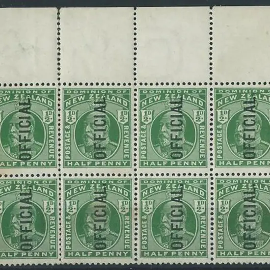 New Zealand 1910 ½d KEVII Official block of 11 (6 ...