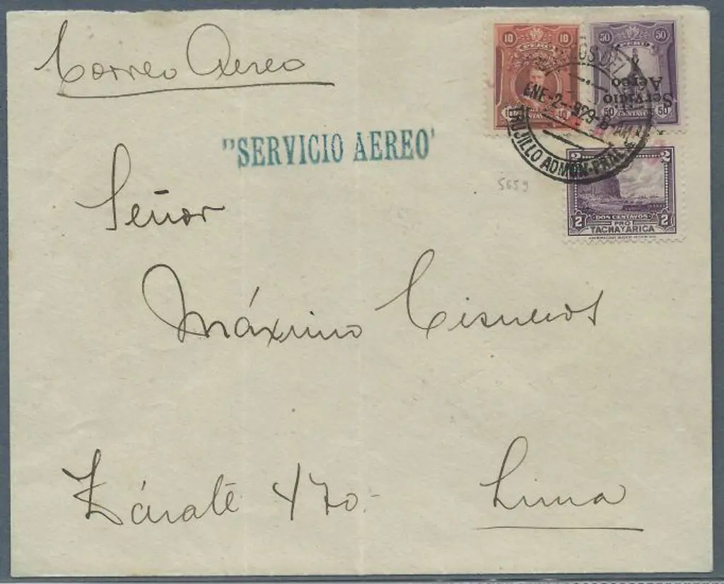 Peru 1929 airmail cover to Lima bearing 50¢ ... Image 1++