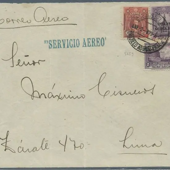 Peru 1929 airmail cover to Lima bearing 50¢ ...